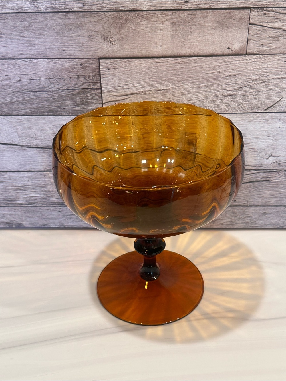 Vintage Amber Glass Pedestal Compote Bowl Mid Century Ribbed Optic 7.5 Inch